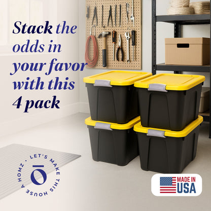 Homz 22 Gallon Durabilt Storage Container w/Latching Lid, Black/Yellow (4 Pack)