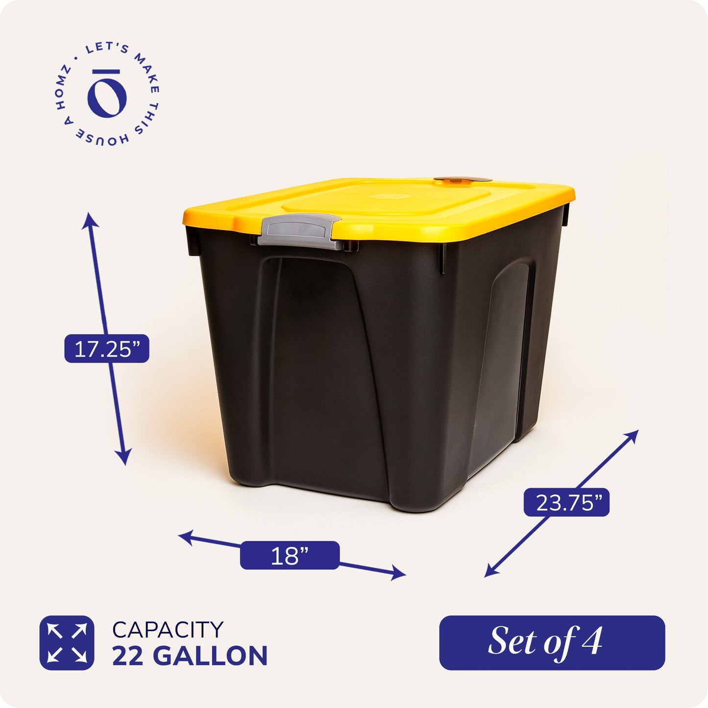 Homz 22 Gallon Durabilt Storage Container w/Latching Lid, Black/Yellow (4 Pack)