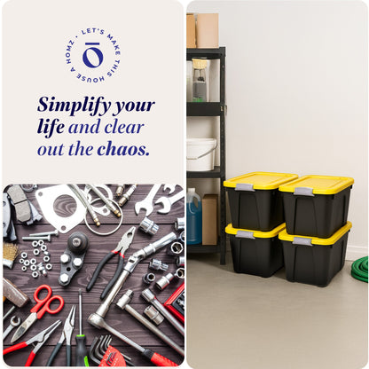 Homz 22 Gallon Durabilt Storage Container w/Latching Lid, Black/Yellow (4 Pack)