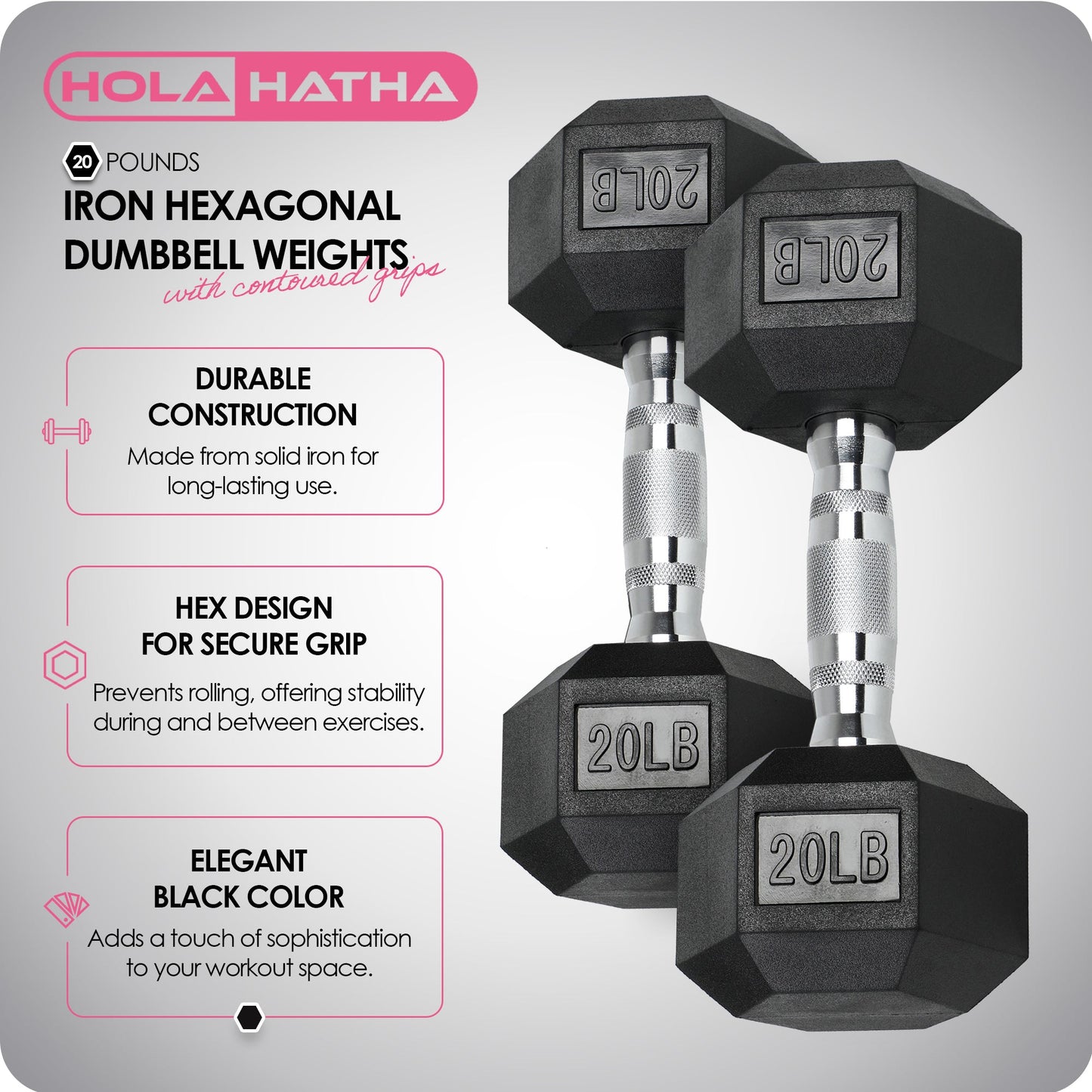 HolaHatha Iron Hexagonal Cast Home Exercise Dumbbell Free Weight, 20 Pounds