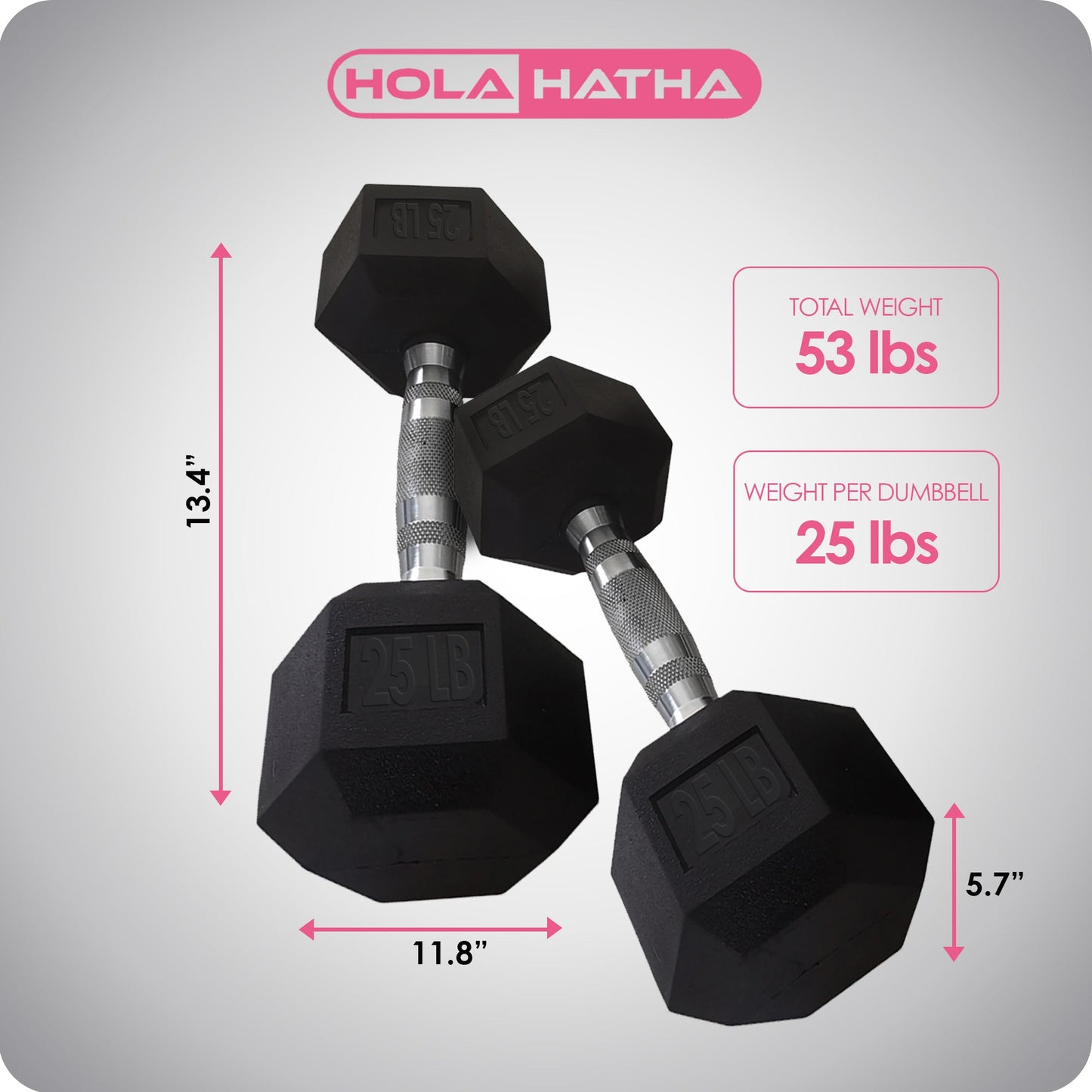 HolaHatha Iron Hexagonal Cast Exercise 25 lb Dumbbell Weights w/Contoured Grips