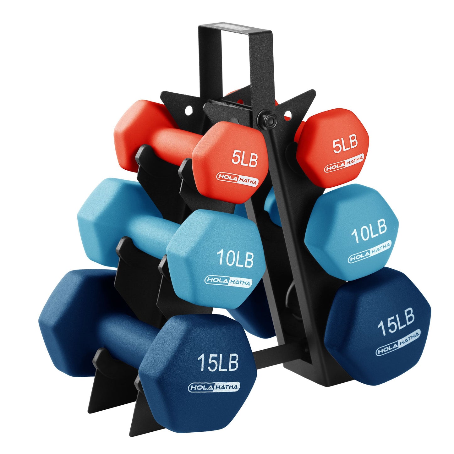 HolaHatha 5, 10, and 15 Pound Neoprene Dumbbell Weight Set with Storage Rack