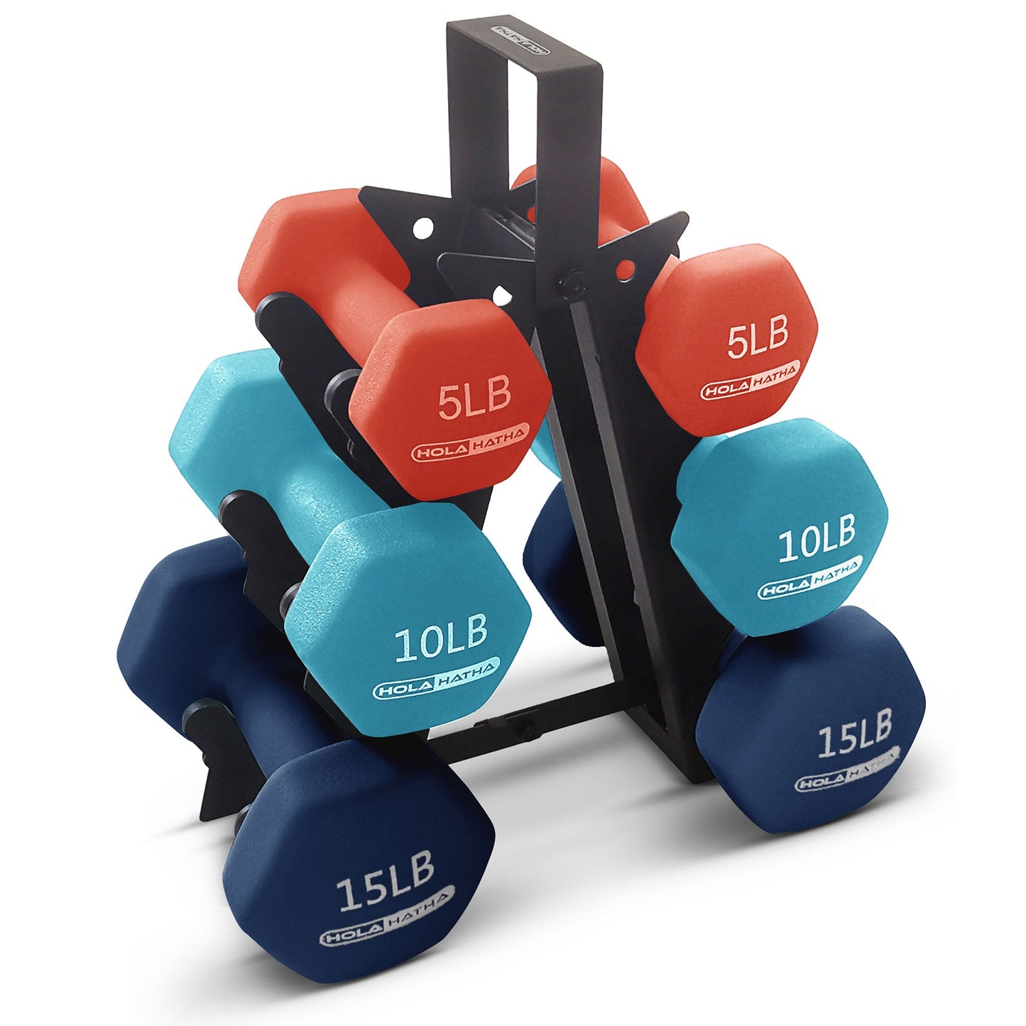 HolaHatha 5, 10, and 15 Pound Neoprene Dumbbell Weight Set with Storage Rack