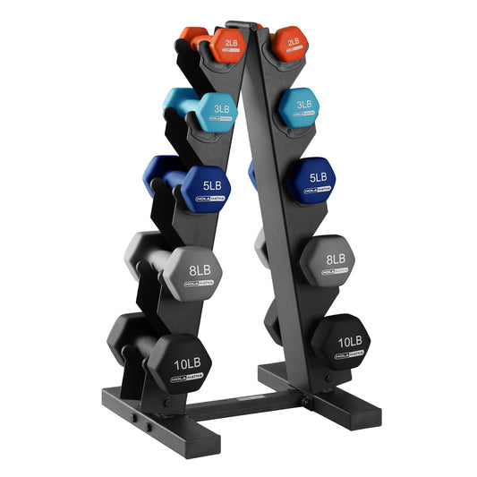 HolaHatha 2, 3, 5, 8 & 10 Pound Neoprene Dumbbell Weight Set with Storage Rack