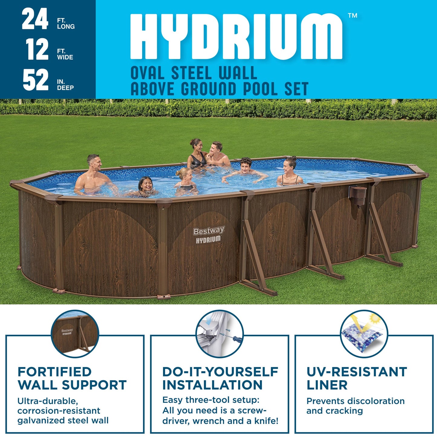 Bestway Hydrium 24'x12'x52" Oval Above Ground Swimming Pool Set, Brown Woodgrain