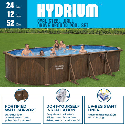 Bestway Hydrium 24'x12'x52" Oval Above Ground Swimming Pool Set, Brown Woodgrain