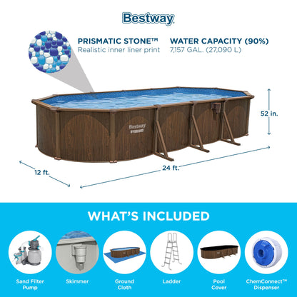 Bestway Hydrium 24'x12'x52" Oval Above Ground Swimming Pool Set, Brown Woodgrain