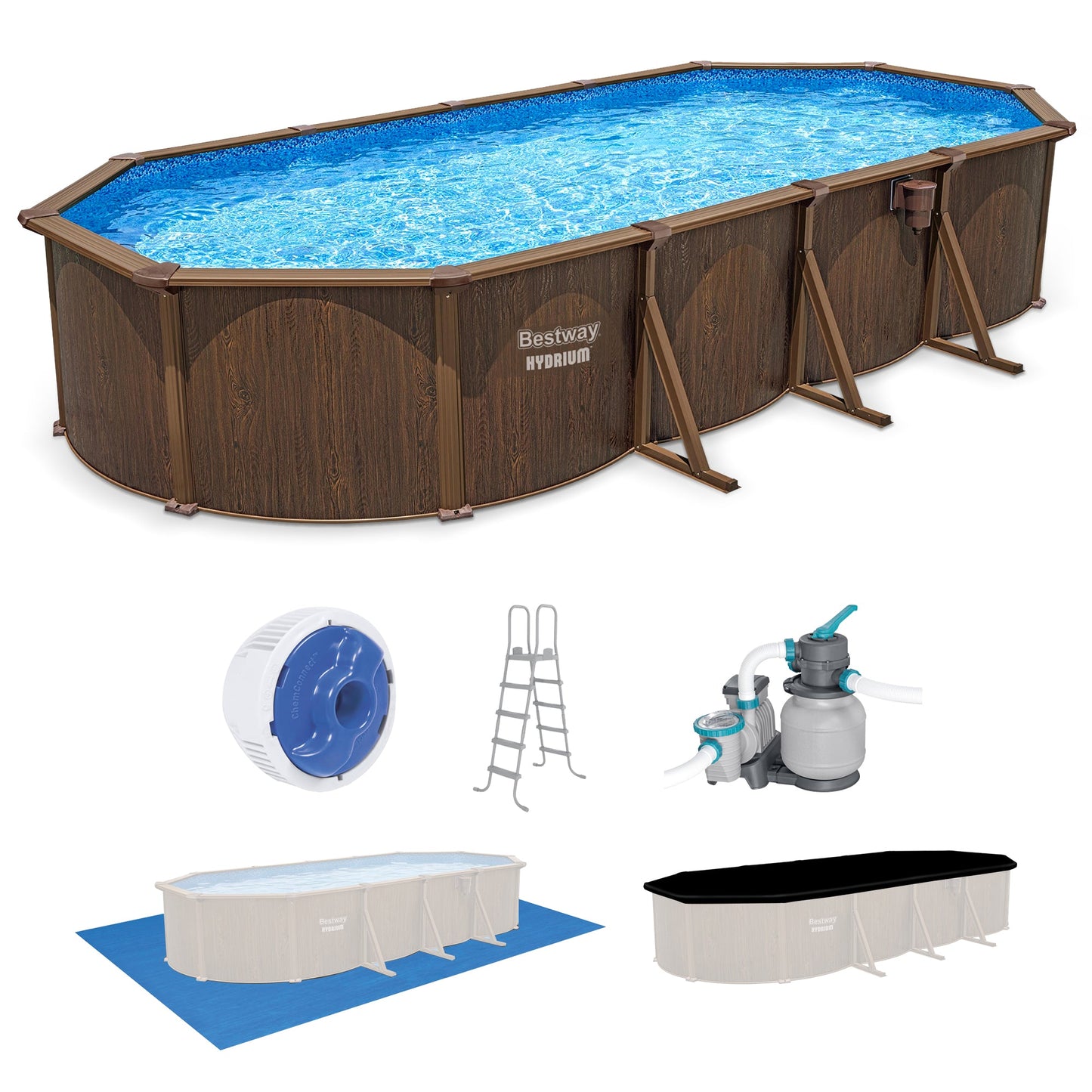 Bestway Hydrium 24'x12'x52" Oval Above Ground Swimming Pool Set, Brown Woodgrain