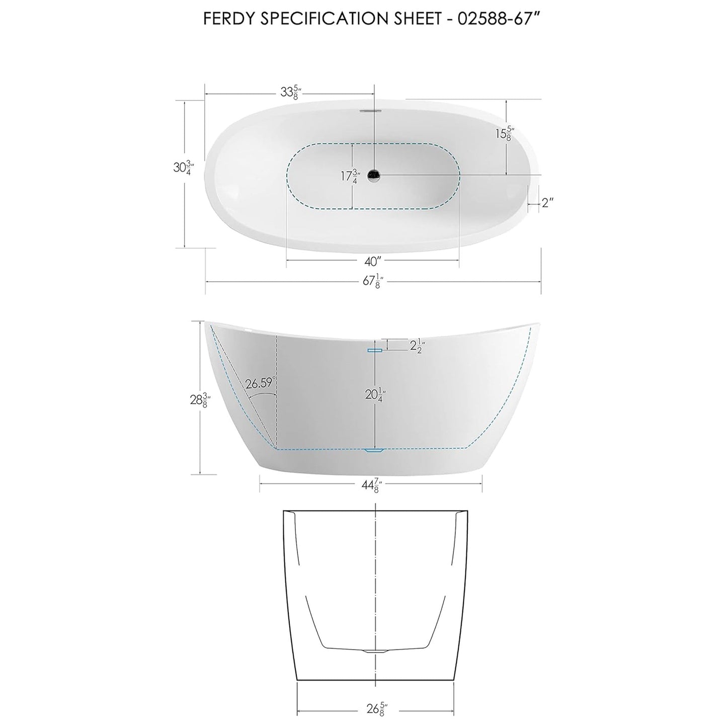 FerdY Bali 67 In Glossy Acrylic Freestanding Bathtub with Polished Chrome Drain