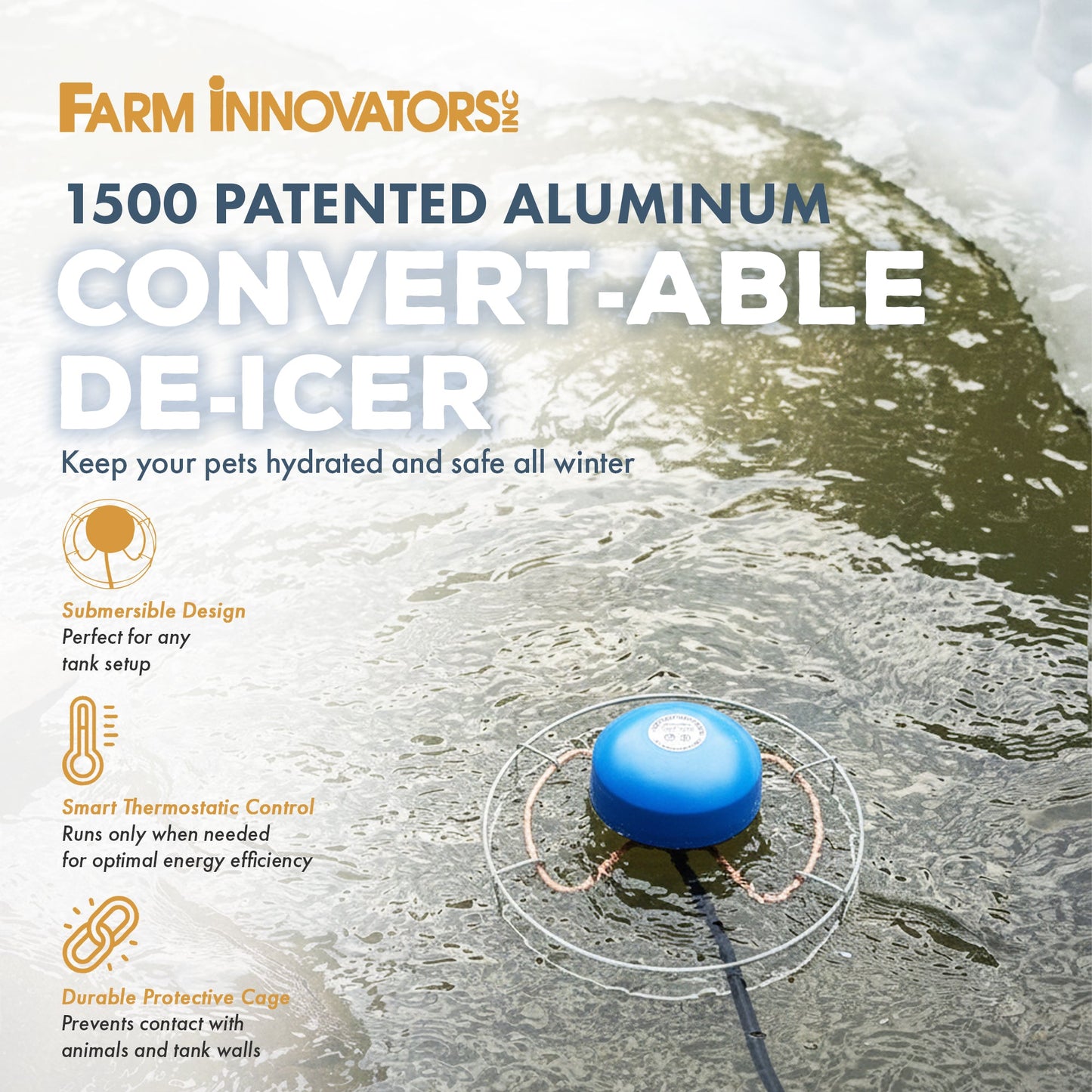 Farm Innovators 1500W Patented Aluminum Convert Able Tank De Icer with 6' Cord