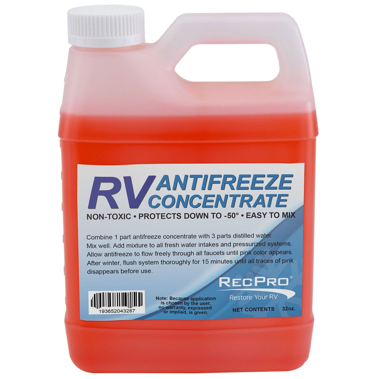 RecPro RV Antifreeze Concentrate Fluid, -50 Degree Fahrenheit Protection, 32 Oz