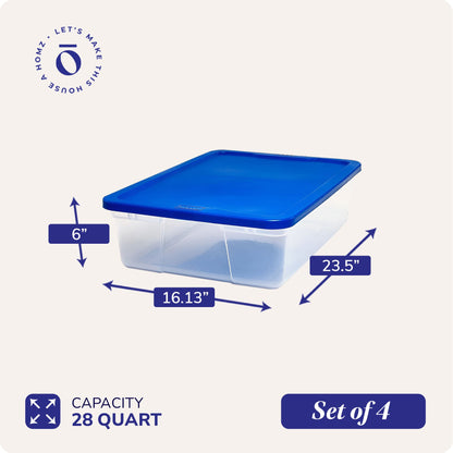 Homz 28 Qt Snaplock Clear Plastic Storage Container Bin with Lid, Blue (4 Pack)