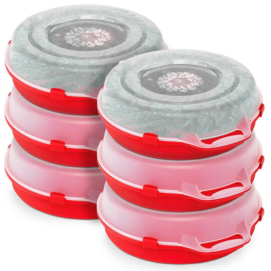 Homz 24 Inch Seasonal Holiday Christmas Plastic Wreath Storage Box, Red (6 Pack)