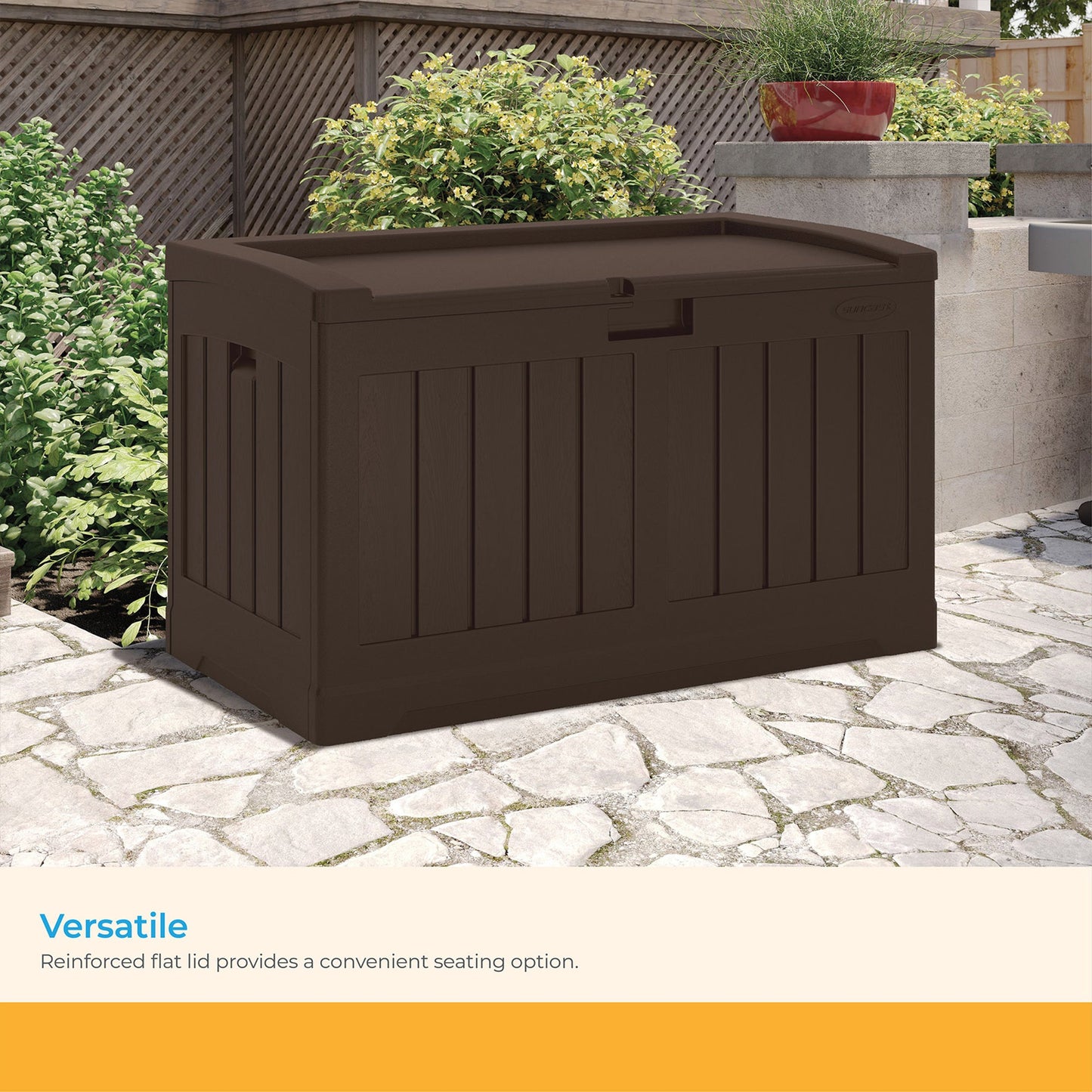 Suncast 50 Gallon Medium Capacity Resin Outdoor Storage Deck Box with Seat, Java