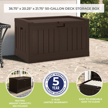 Suncast 50 Gallon Medium Capacity Resin Outdoor Storage Deck Box with Seat, Java