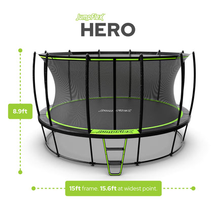 JumpFlex HERO 15' Trampoline for Kids Outdoor Play Equipment with Net & Ladder