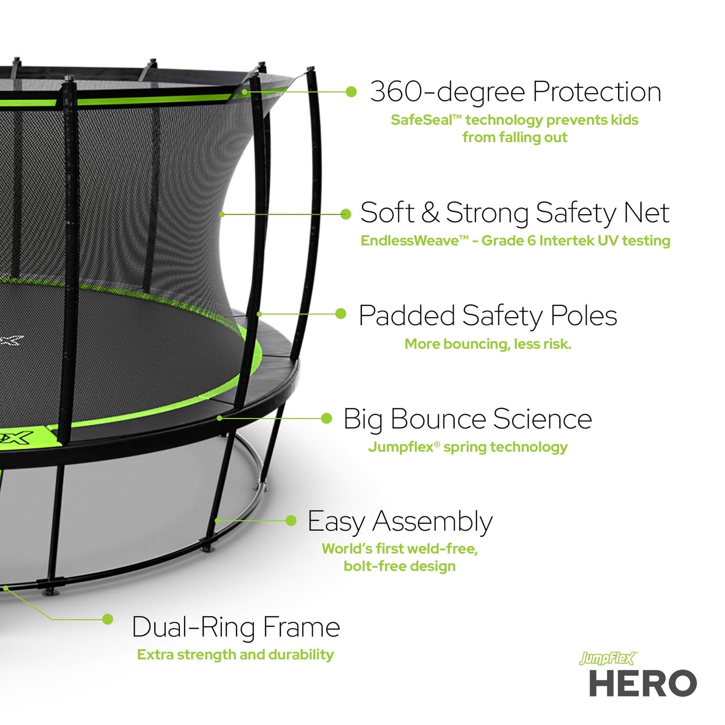 JumpFlex HERO 12' Trampoline for Kids Outdoor Play Equipment with Net & Ladder