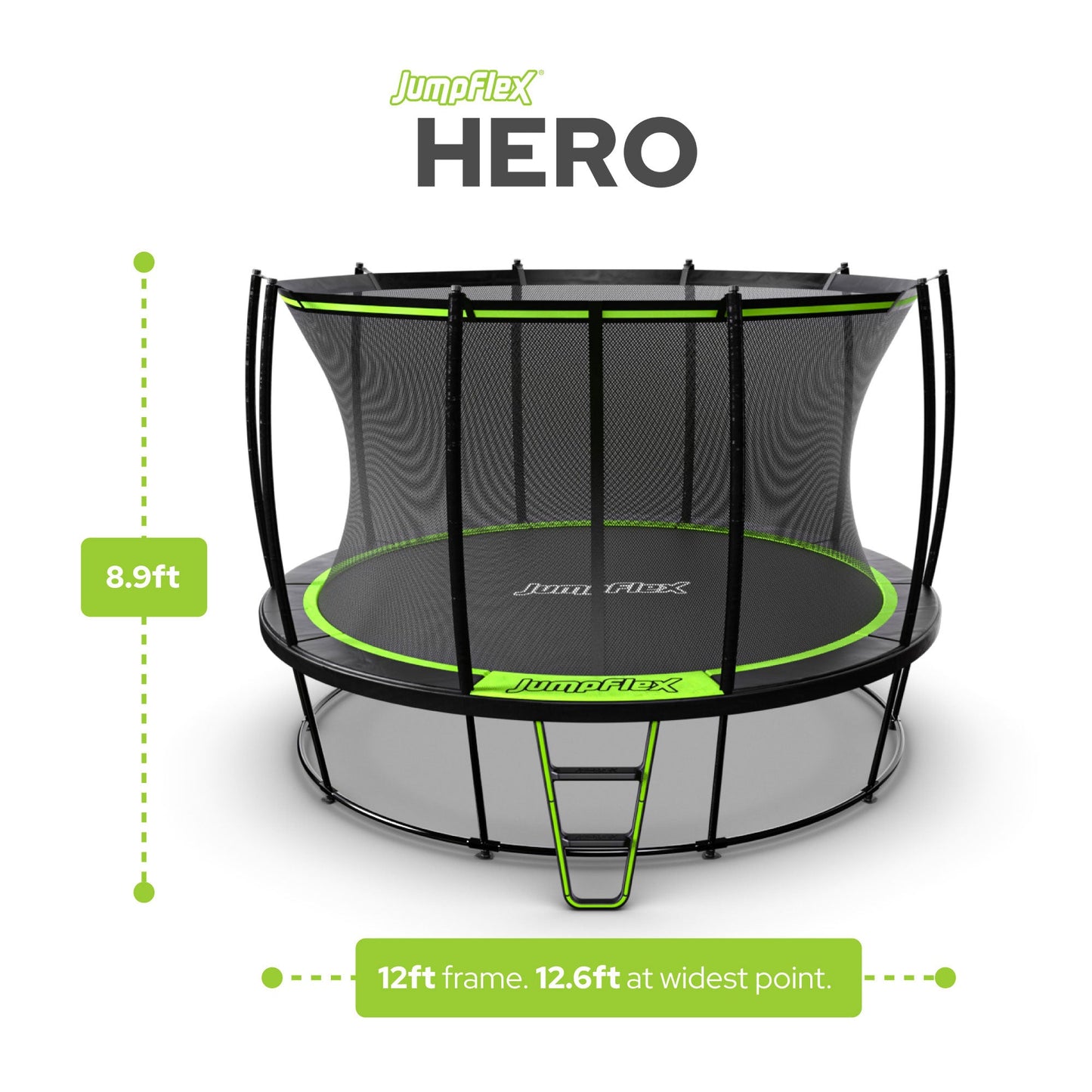 JumpFlex HERO 12' Trampoline for Kids Outdoor Play Equipment with Net & Ladder