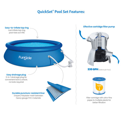 Funsicle 10' x 30" QuickSet Inflatable Ring Top Outdoor Above Ground Pool w/Pump