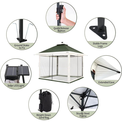 Suntime 12x12 Instant Pop Up Gazebo Solar Light Screen Canopy Tent Cover, Green