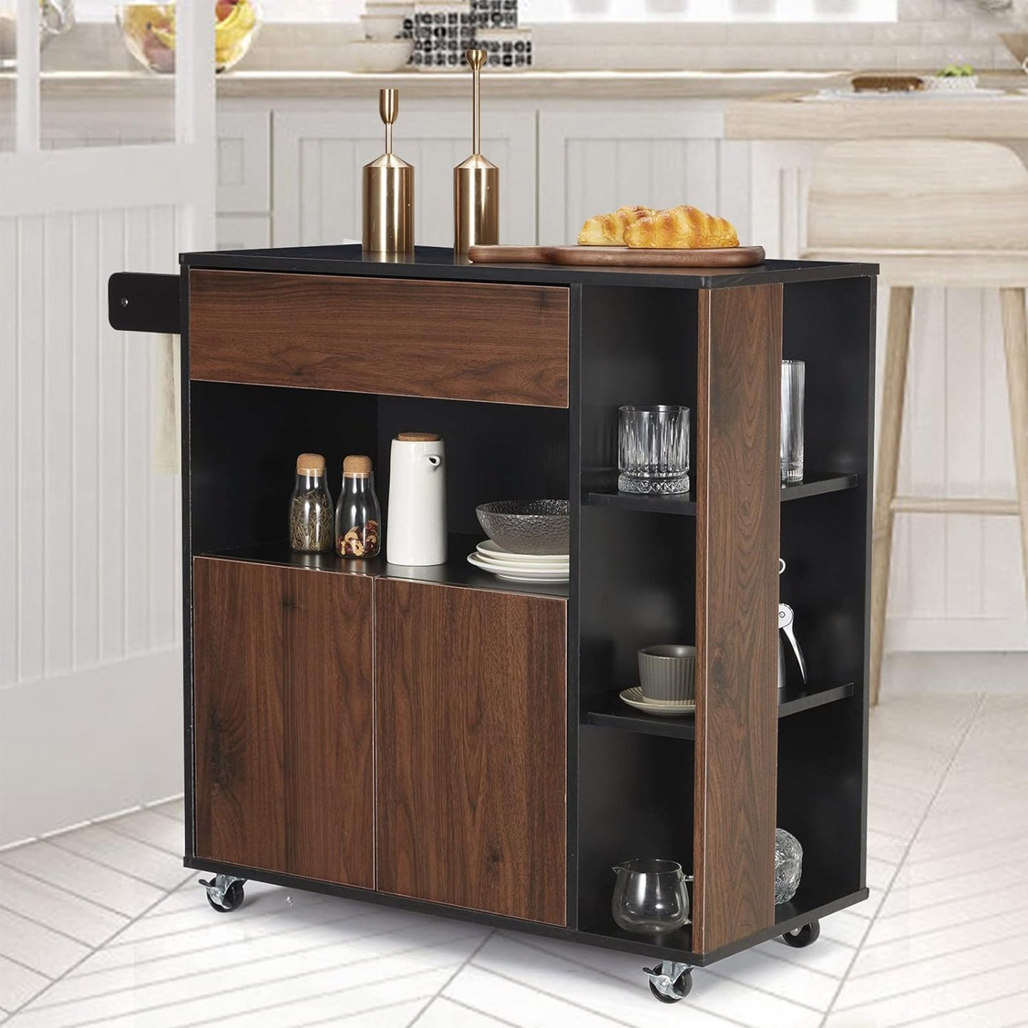 JOMEED Home Kitchen Island Rolling Cart with Storage Drawers and Towel Rack