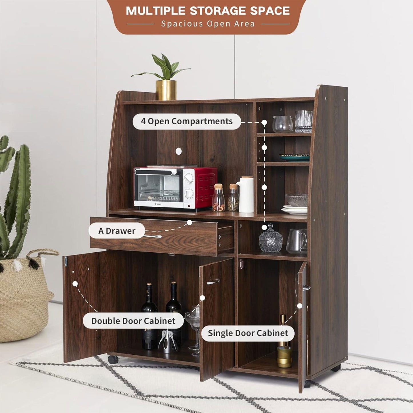 JOMEED Kitchen Pantry Microwave Storage Cabinet with Wheels, Drawer, and Shelves