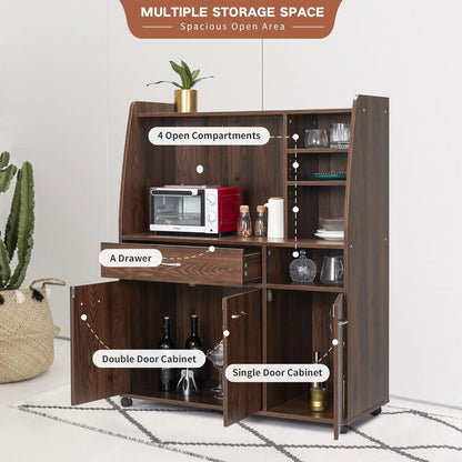 JOMEED Kitchen Pantry Microwave Storage Cabinet with Wheels, Drawer, and Shelves