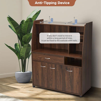 JOMEED Kitchen Pantry Microwave Storage Cabinet with Wheels, Drawer, and Shelves