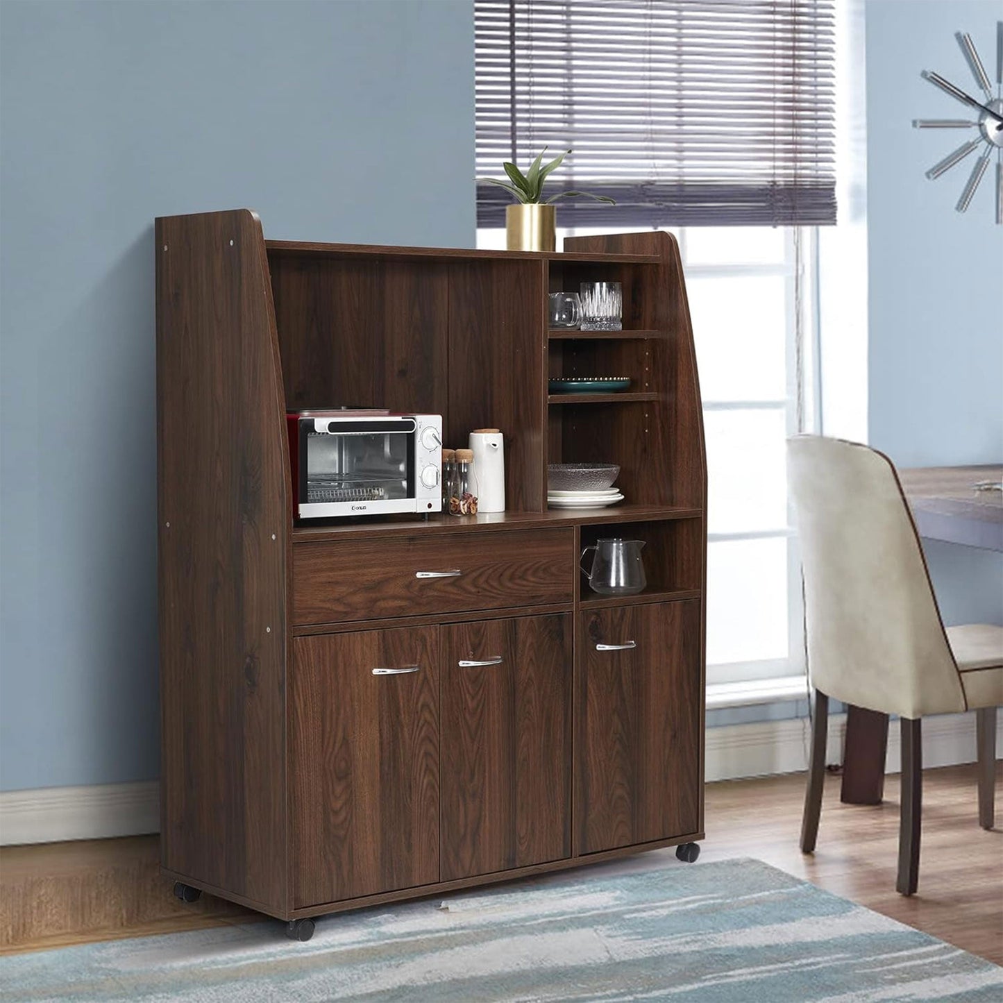 JOMEED Kitchen Pantry Microwave Storage Cabinet with Wheels, Drawer, and Shelves