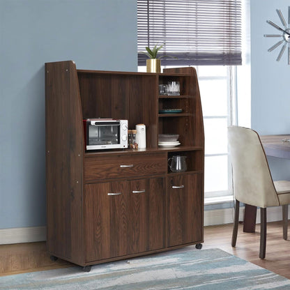 JOMEED Kitchen Pantry Microwave Storage Cabinet with Wheels, Drawer, and Shelves