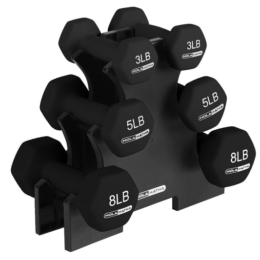 HolaHatha 3, 5 & 8 Pound Hex Dumbbell Hand Weight Set with Storage Rack, Black