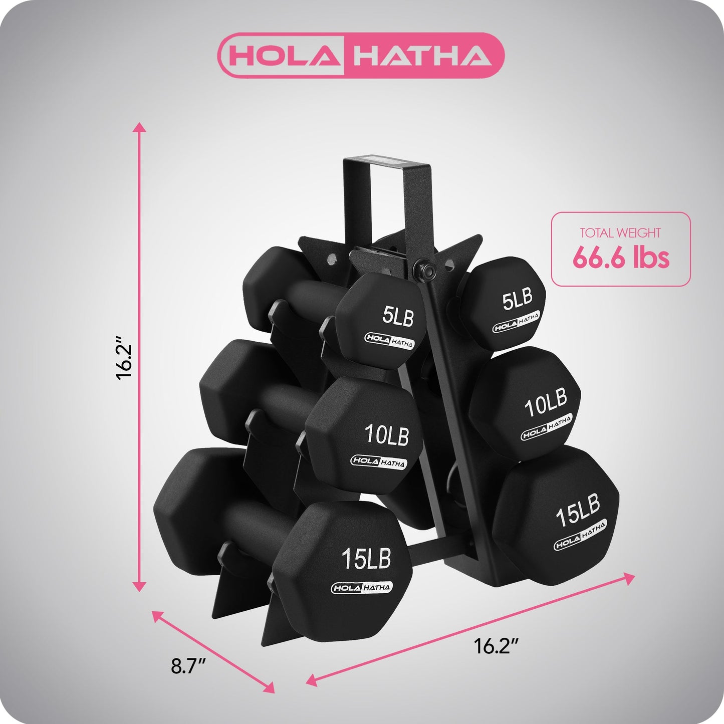 HolaHatha 5, 10, and 15 Pound Neoprene Dumbbell Free Hand Weight Set with Rack