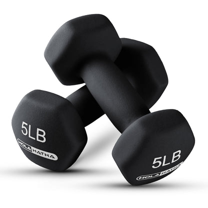 HolaHatha Neoprene Coated Dumbbell Free Hand Weight Set with Storage Rack, Black