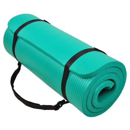 Signature Fitness 1" Extra Thick Exercise Fitness Yoga Mat w/ Carry Strap, Green