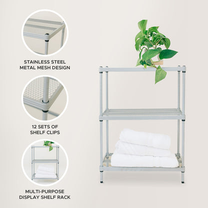 Design Ideas MeshWorks 3 Tier Full-Size Metal Storage Shelving Unit Rack, Silver