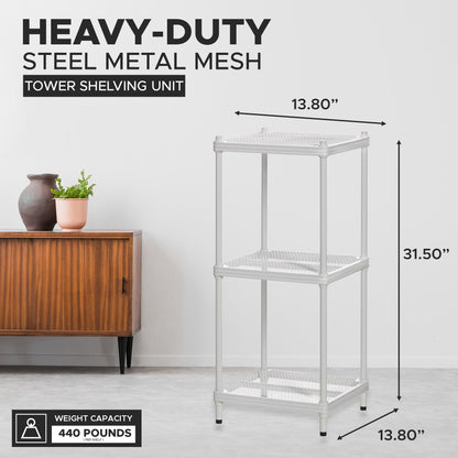 Design Ideas MeshWorks 3 Tier Tower Metal Storage Shelving Unit Rack, White