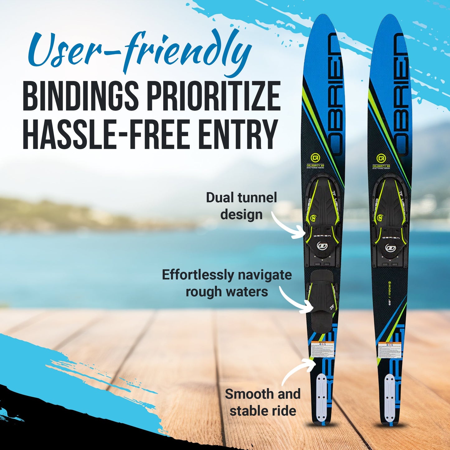 O'Brien Celebrity Combo Waterskis with Side Cut Bevel for Water Sports, Blue