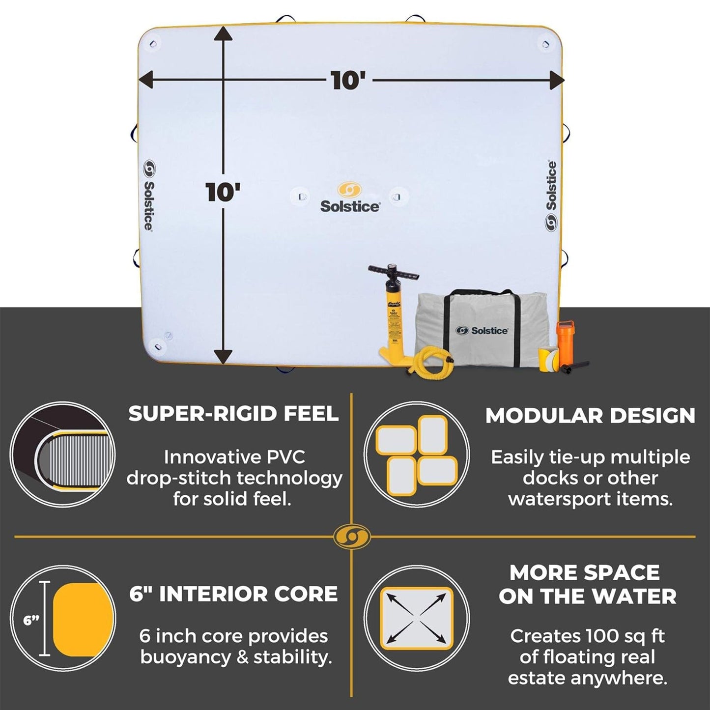 Solstice 10' x 10' Inflatable Floating Dock Rafting Platform with Pump and Bag