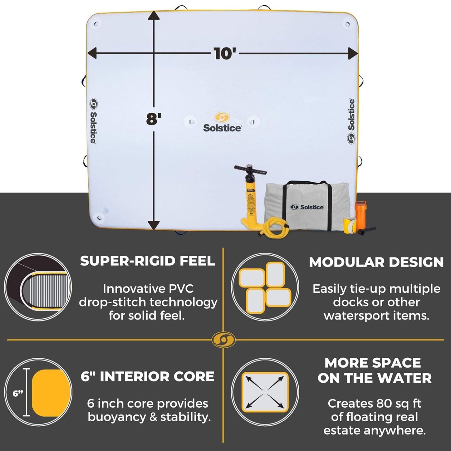 Solstice 10' x 8' Inflatable Floating Dock Rafting Platform with Pump and Bag