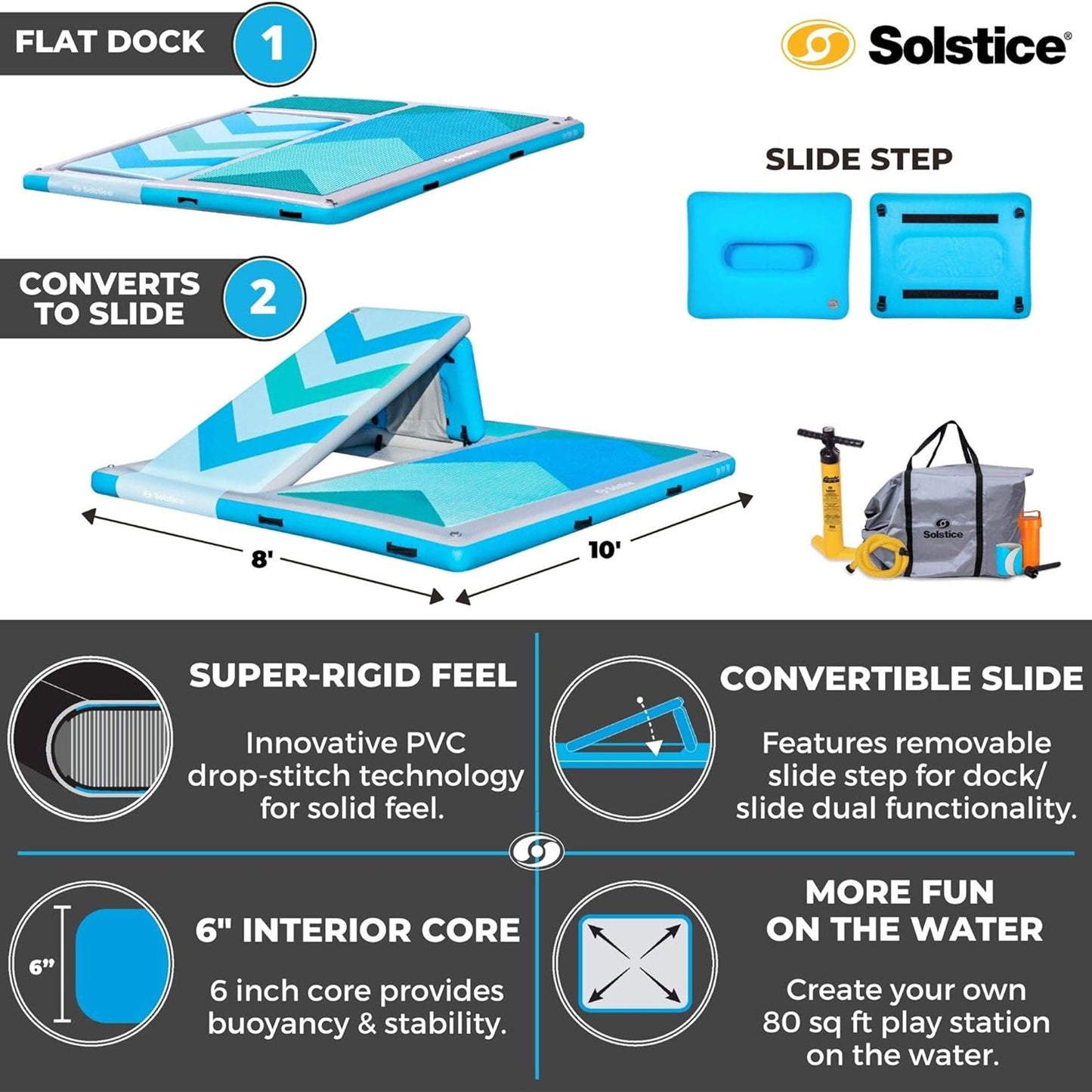 Solstice 10' x 8' Inflatable Convertible Floating Slide Dock with Pump and Bag