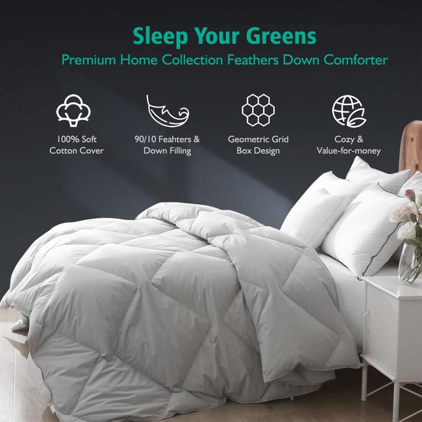 APSMILE 90 x 106 Inch King Sized All Season Feathers Down Cotton Comforter, Gray