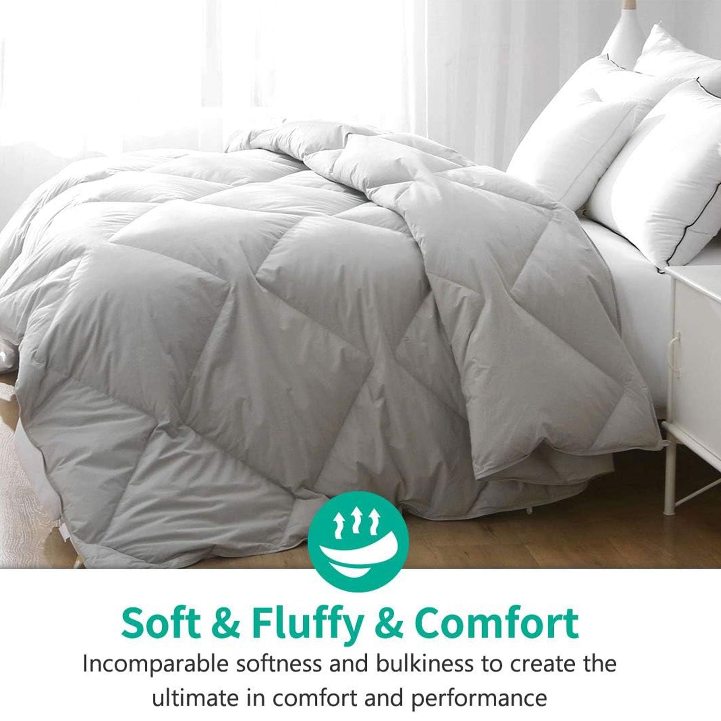 APSMILE 90 x 106 Inch King Sized All Season Feathers Down Cotton Comforter, Gray