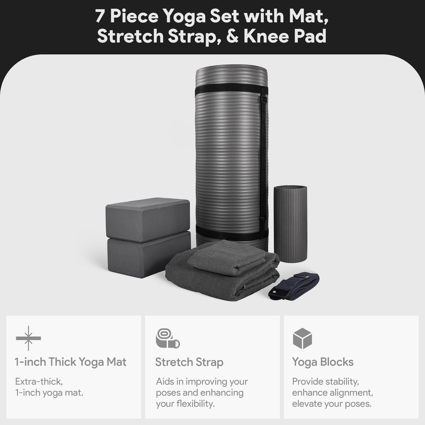 BalanceFrom Fitness 7 Piece Yoga Set with Mat, Stretch Strap & Knee Pad, Gray