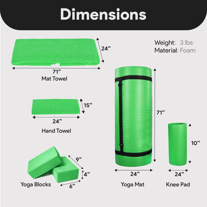 BalanceFrom Fitness 7 Piece Yoga Set with Mat, Stretch Strap & Knee Pad, Green