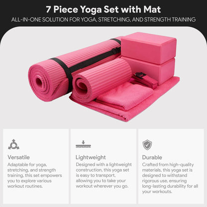 BalanceFrom Fitness 7 Piece Yoga Set with Mat, Stretch Strap & Knee Pad, Pink