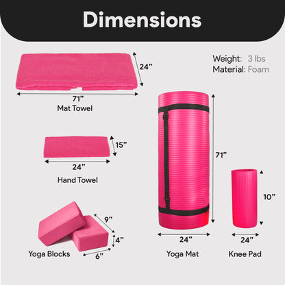 BalanceFrom Fitness 7 Piece Yoga Set with Mat, Stretch Strap & Knee Pad, Pink