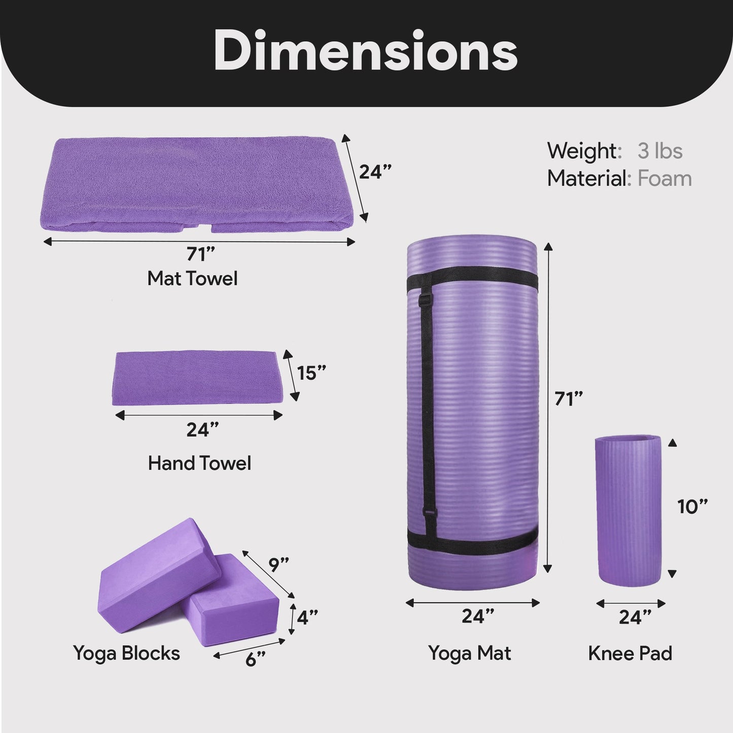 BalanceFrom Fitness 7 Piece Yoga Set with Mat, Stretch Strap & Knee Pad, Purple