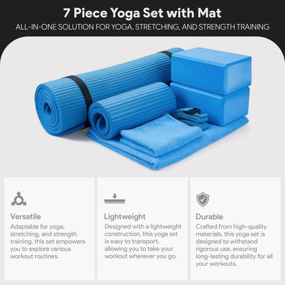 BalanceFrom Fitness 7 Piece Yoga Set with Mat, Stretch Strap & Knee Pad, Blue