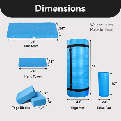 BalanceFrom Fitness 7 Piece Yoga Set with Mat, Stretch Strap & Knee Pad, Blue