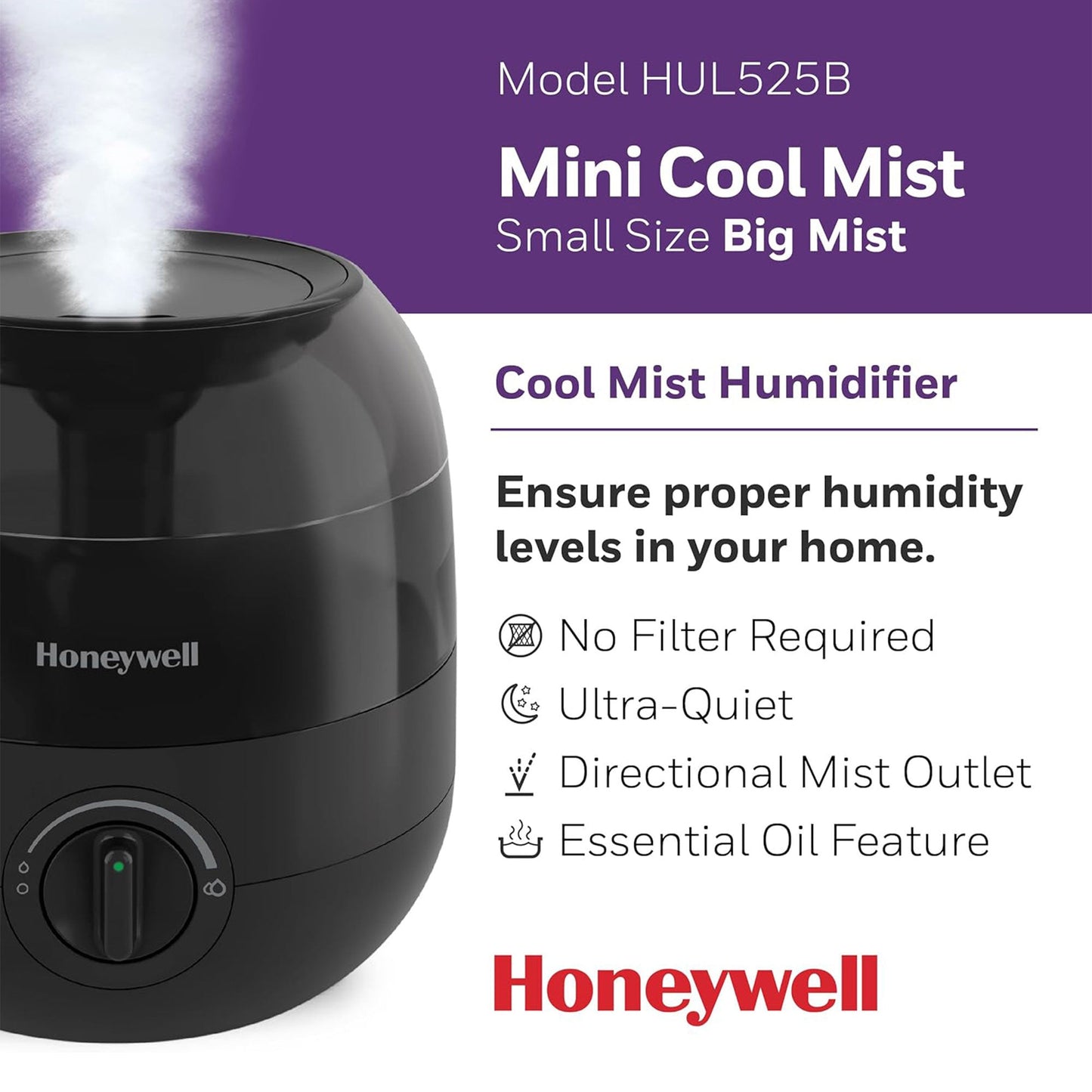 Honeywell Small Compact Mini Cool Mist Humidifier for Indoor Humidity, Black